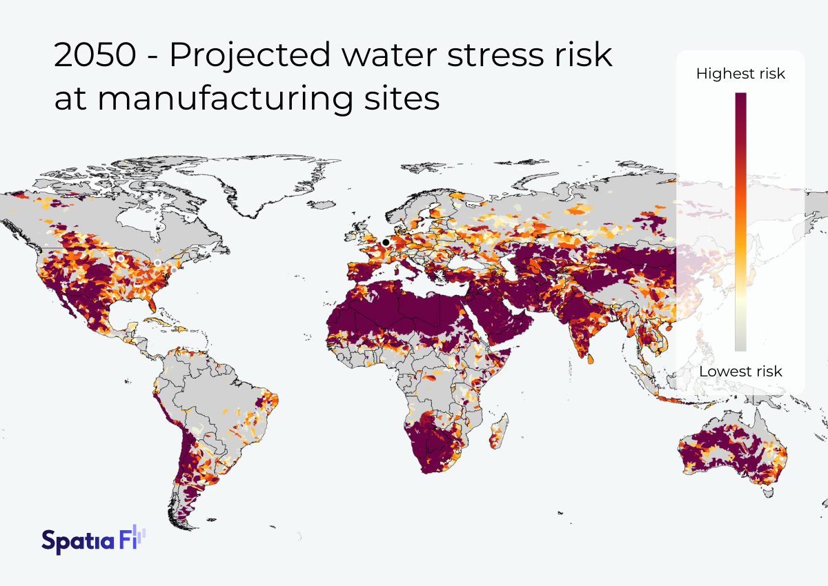 Illustrative water stress risk mapping, powered by SpatiaFi